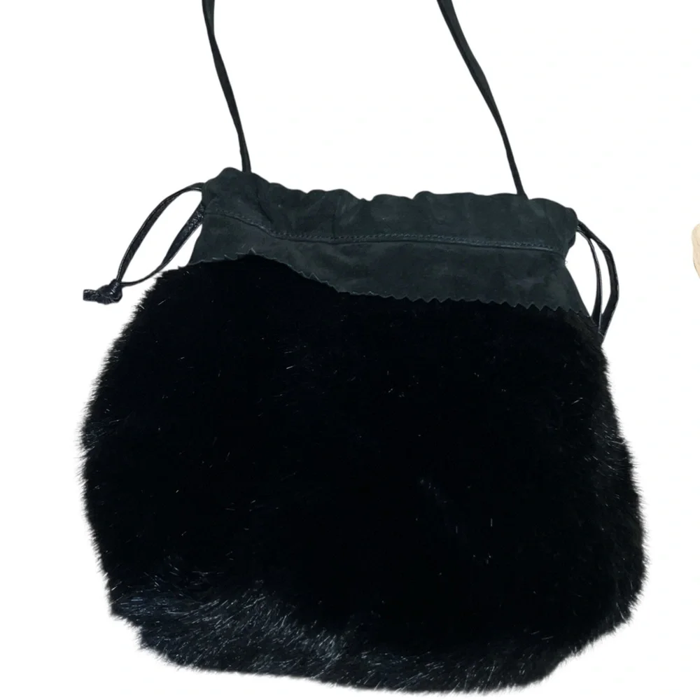 VTG 00s‎ Y2K Dennis Basso Faux Fur Shoulder Crossbody Bucket Bag Leather Black